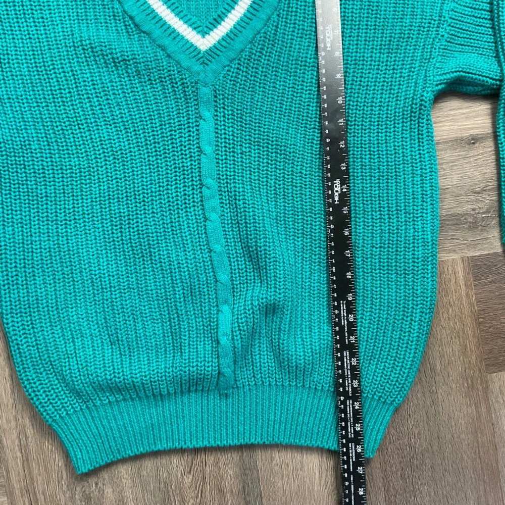 Vintage‎ 90s Gap Shaker Knit V Neck Preppy Sweater Women Medium Teal Green White